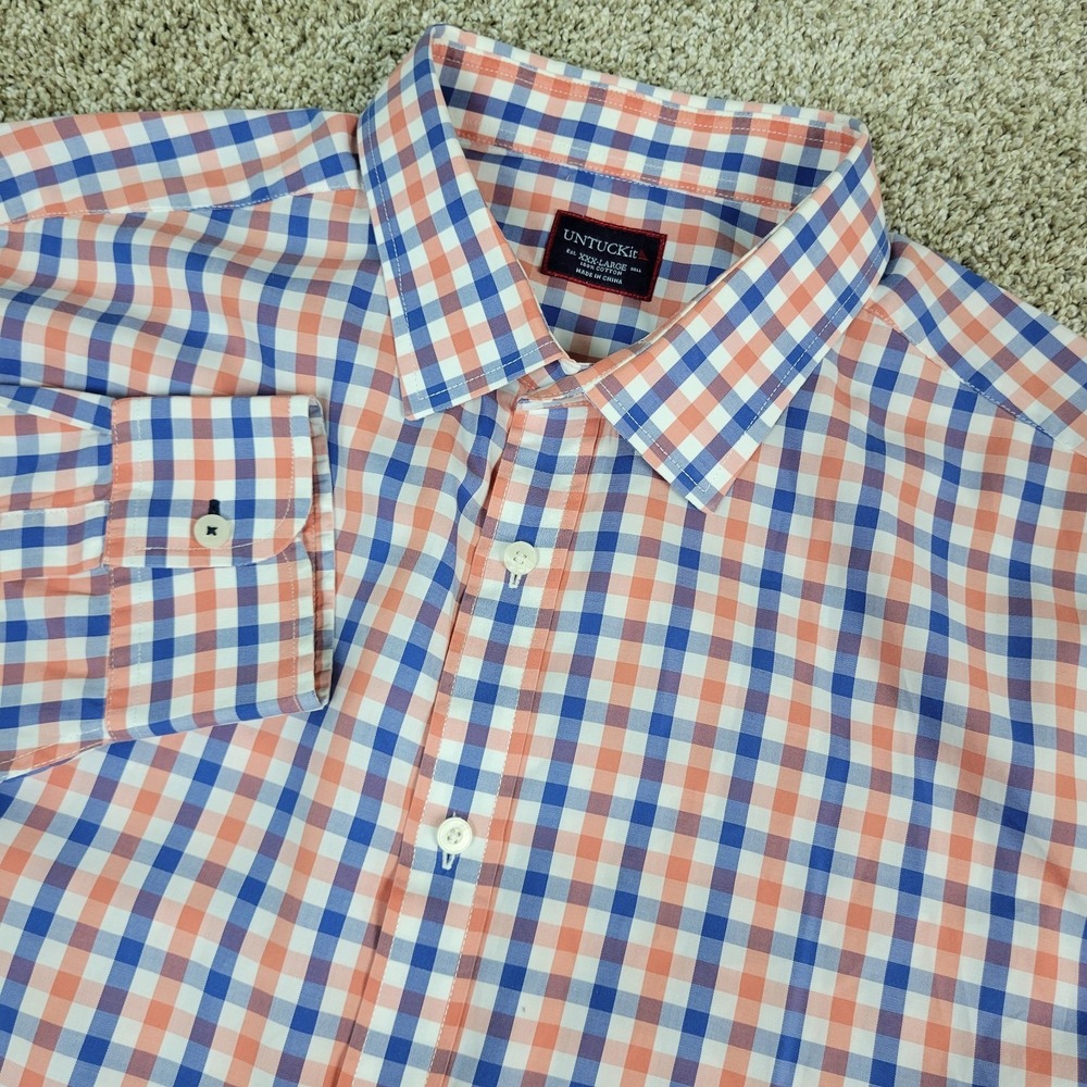 Untuckit Mens 3XL Red White Blue Gingham Check Button Up Long Sleeve